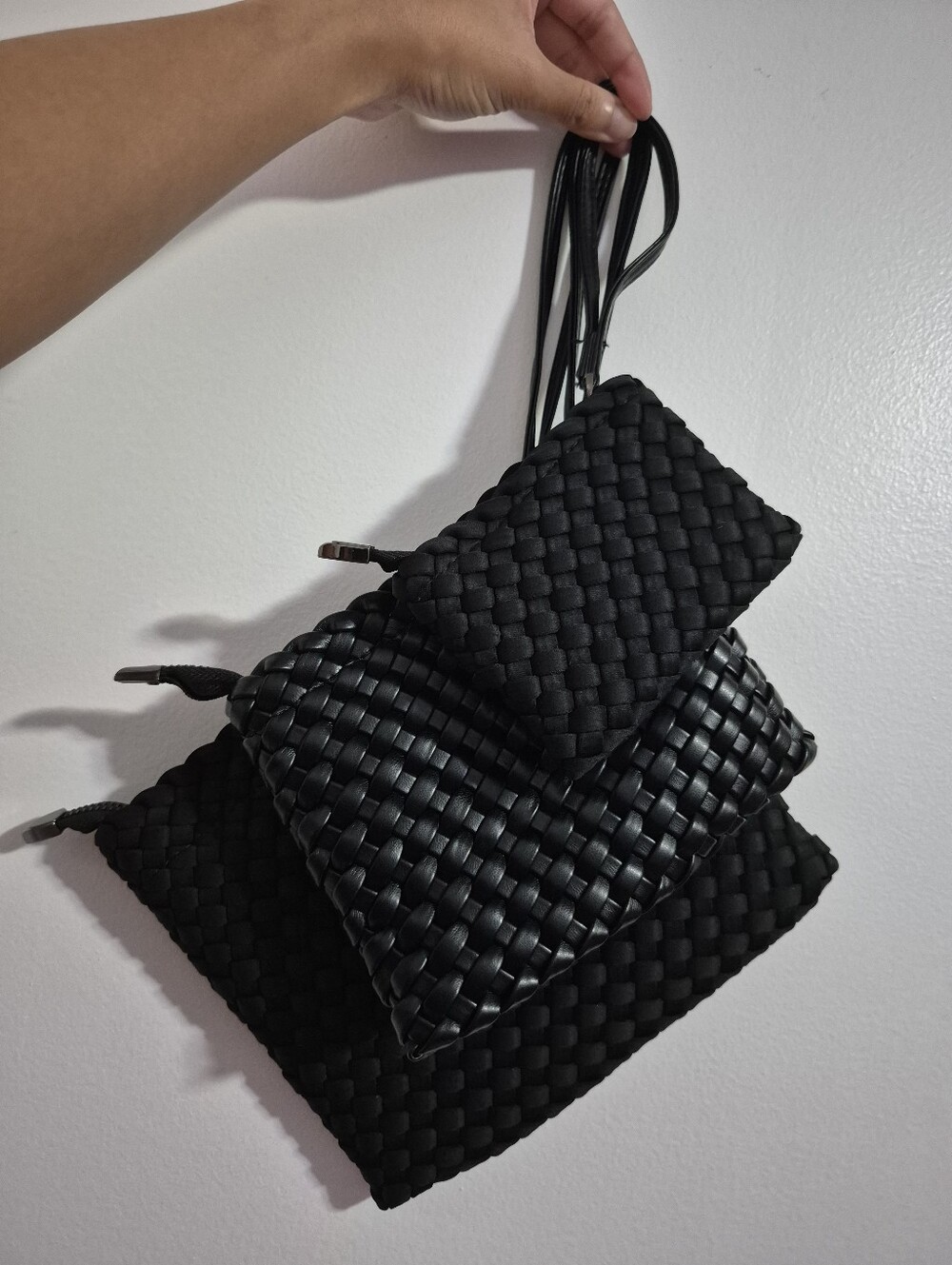 Set of 3 Black with Silver Hardware Zipper Closure Woven Clutch Pouch Wristlet